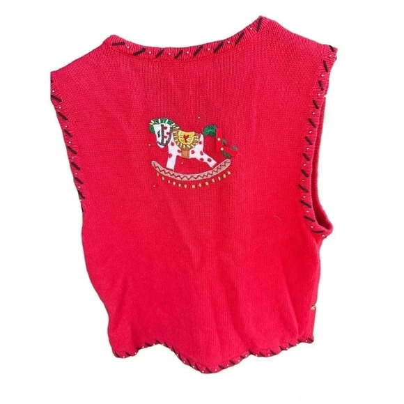 Segue Women's Red‎ Christmas Gold Beaded Rocking Horse Sweater Vest Size Large - Picture 4 of 8